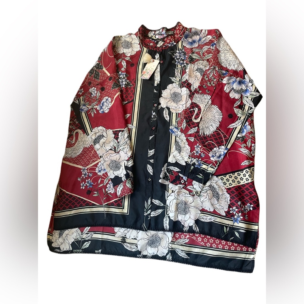 Johnny Was Red and Black Floral Long Sleeve Top NWT